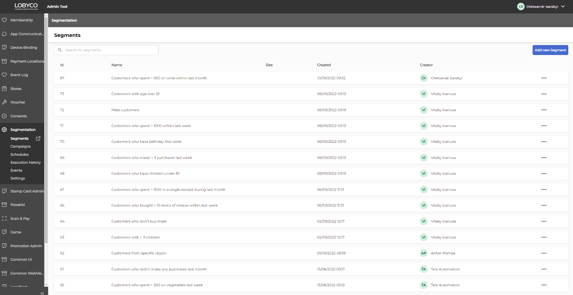 Segments page