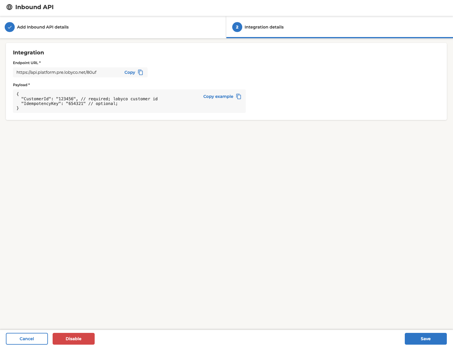 Inbound API – integration step