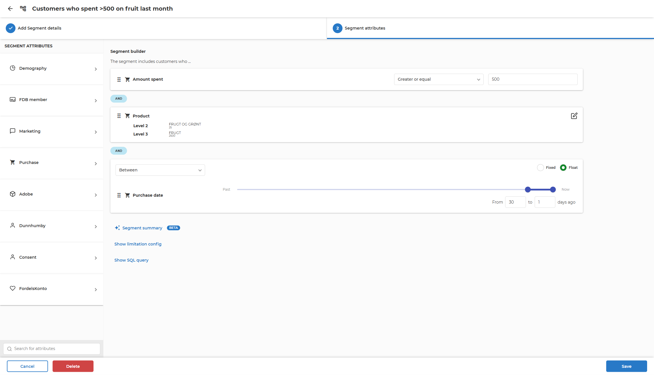 Segment attributes tab with purchase conditions joined by AND connectors