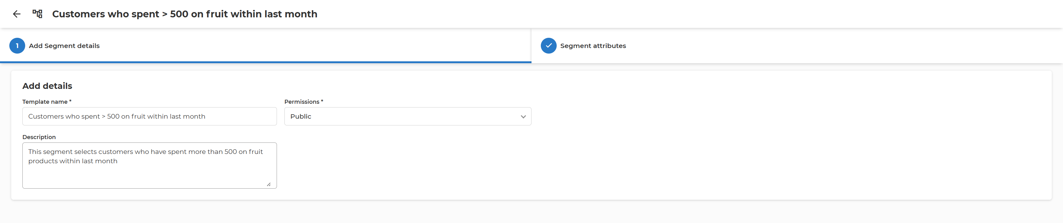 Add Segment details tab with Template name, Permissions and Description fields