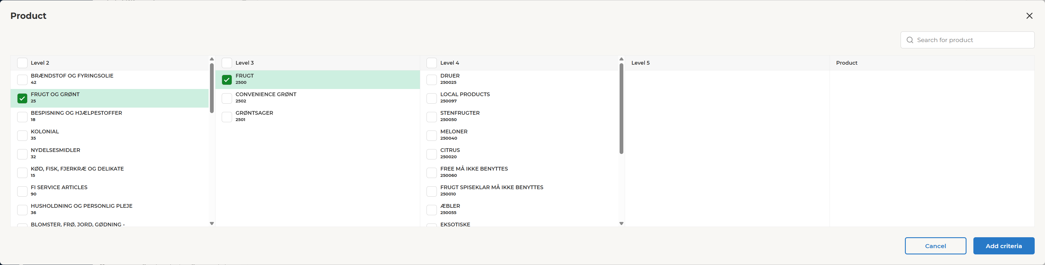 Product selection dialog with hierarchy levels and Add criteria button