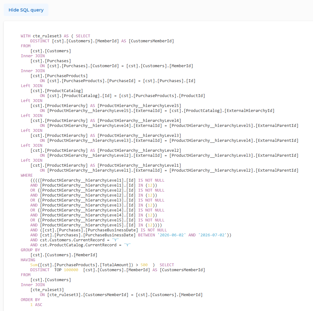 SQL query view showing the generated query for the segment