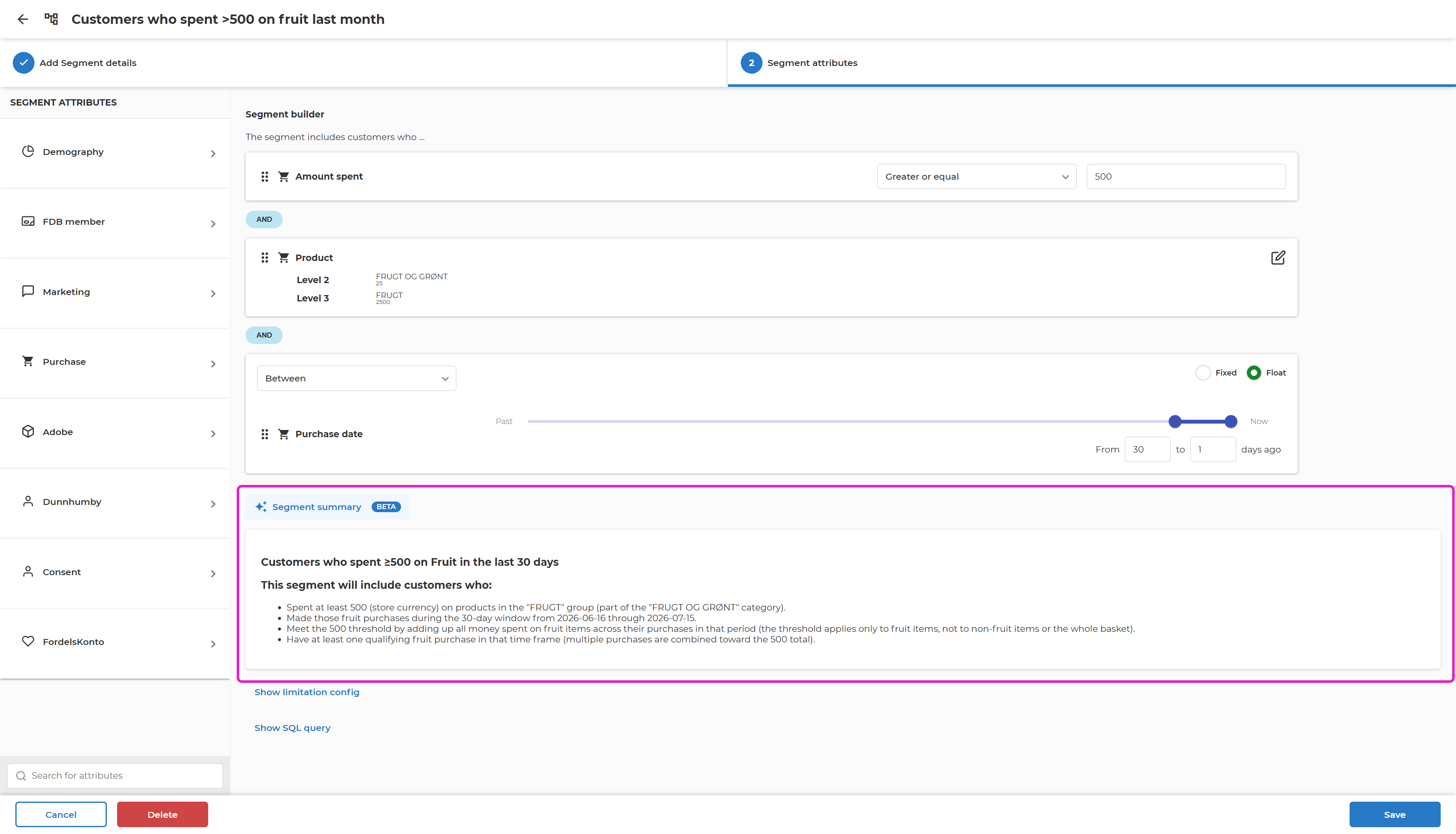 Segment builder with the Segment summary panel highlighted